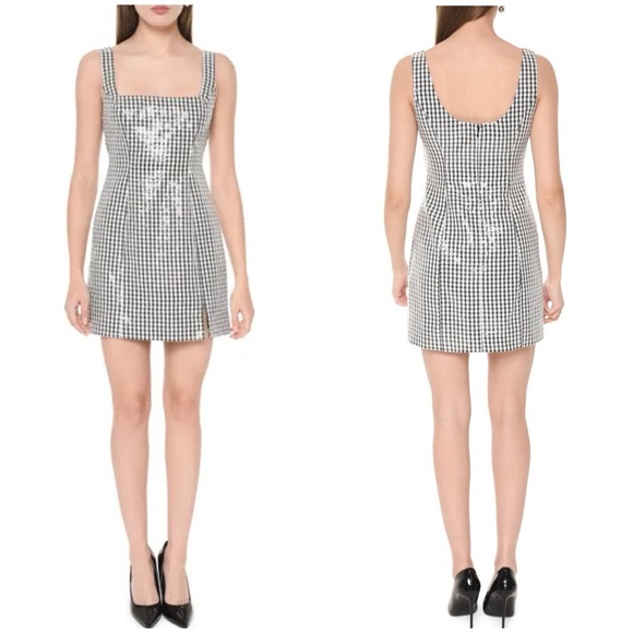 NWT WAYF Icon Sequin Gingham Mini Dress Sparkle Party NYE Square Neck Sz M - Picture 1 of 13